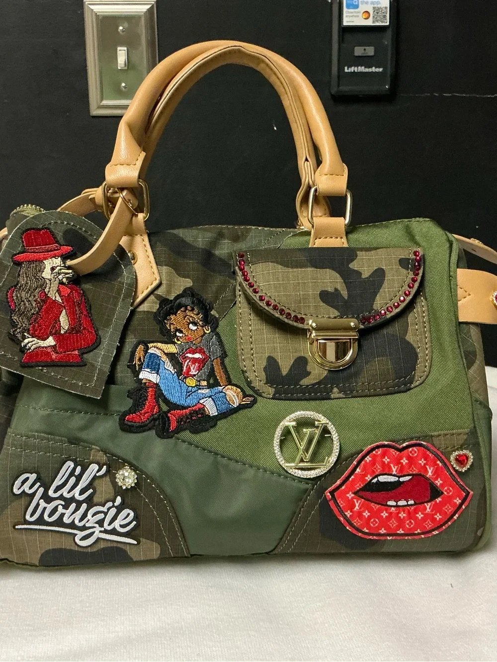 Green Camo Patch Satchel Bag with Tan Handles